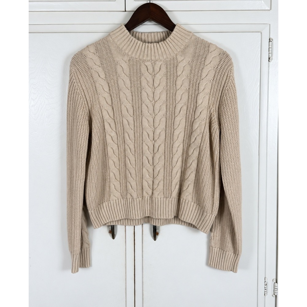 Pact Organic Cotton Cable Knit Mock Neck Sweater Beige Tan Medium NEW